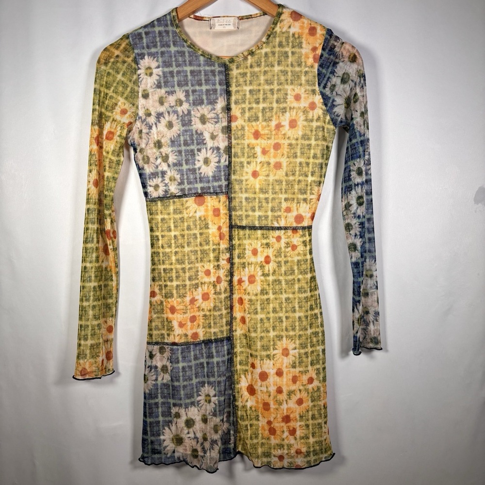 Y2K Fairy Grunge Patchwork Dress XS Sheer Overlay Sunflower Indie Art Statement